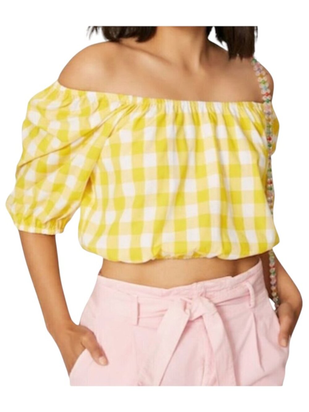 Color Me Courtney Shirt Women Small Yellow White Gingham Cropped Kris Top Boho